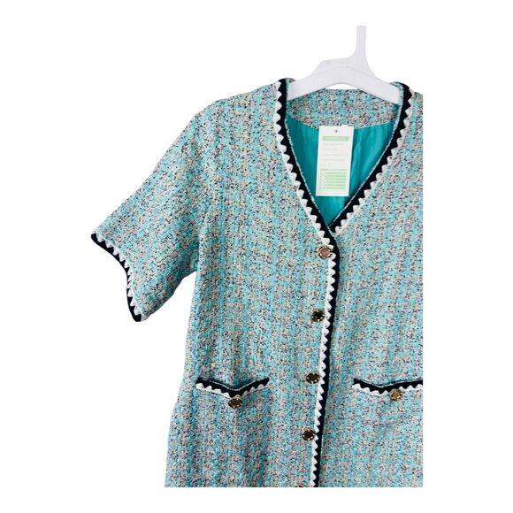 NWT LifeShe Tweed Jackie Button Up V Neck Short Sleeve Mini Dress Blue Lined L - Picture 3 of 14